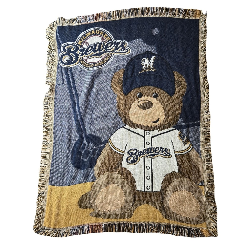 Milwaukee Brewers Bear Baseball Jersey Tapestry Throw Blanket Kids Crib Size USA